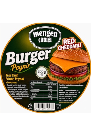 Birinci Süt Mengen Çiftliği Red Cheddarlı Burger Peyniri 200 G