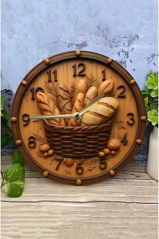 Ekmek Sepeti Mdf Duvar Saati Çift Katmanlı Sessiz Mekanizmalı 3d Görünümlü 33 Cm Sdw153 Renkli