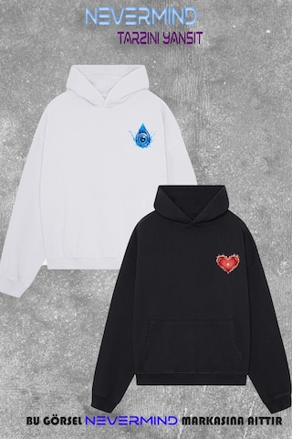 Nevermınd Unisex Çift Kombini 2 Li Oversize Hoodie Kalp & Göz Tasarımlı Sweatshirt - Sevgili Kombini Siyah Siyah