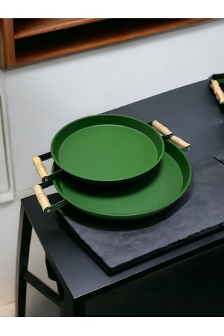 2'li Ahşap Kulplu 37 Cm Yeşil Ve 30 Cm Yeşil Tepsi Çay Kahve Sunum Tepsisi 37ve30cm Yeşil