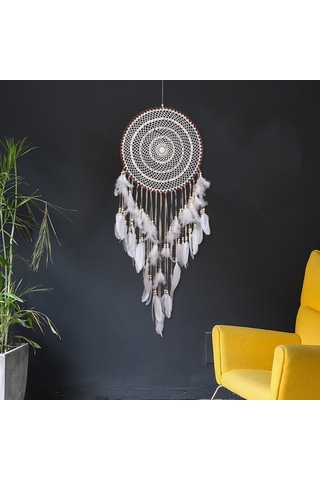 Büyük Boho Rüya Yakalayıcı Beyaz Tüy Ve Boncuk Duvar Askısı Vintage Düğün Ev Dekoru 40 Cm Daire 110 Cm Uzunluk