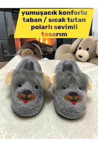 Ellaboni Erkek Çocuk Pofuduk Yünlü Panduf Ev Anaokulu Ayakkabısı Gri