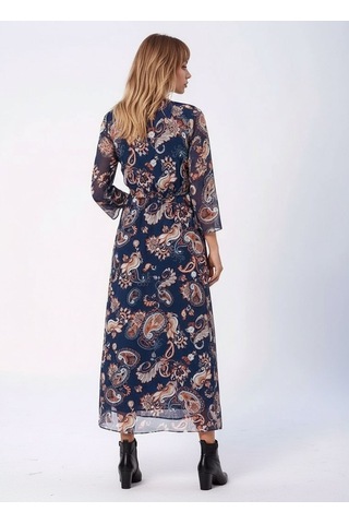 Kadın V Yaka Astarlı Uzun Truvakar Kol Çiçekli Tül Şık Maxi Boy Elbise Lacivert