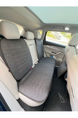 Terletmez Keten Baskılı Oto Koltuk Minderi 7 Parça - Desenli Cepli Araba Koltuk Kılıf Seti Füme