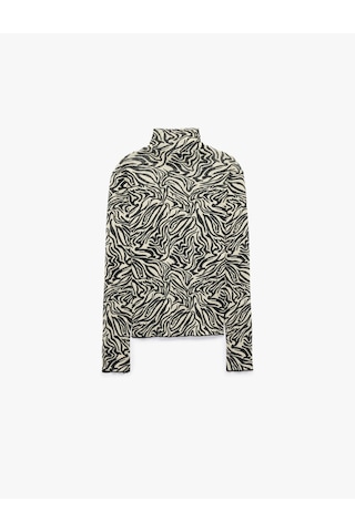Koton Slim Fit Uzun Kollu Yarı Transparan Dik Yaka Zebra Desenli Bluz Bej Desenli 7wak50310ek Ekru