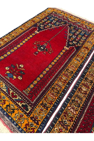 El Dokuma Çift Sıfır Eski Yahyalı Namazlık Kök Boya %100 Yün Seccade Kırmızı