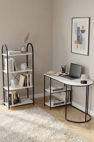 Çalışma Masası Ve Kitaplık Seti Metal Ayaklı, Minimalist Tasarım, Geniş Masa Alanı, Çok Raflı Depolama,modern 125 Beyaz