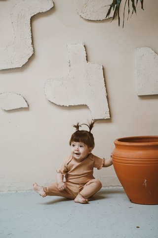 Kalp Nakışlı Fitilli Body Tayt Set Koyu Bej