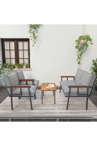 Mygusi Modern Balkon, Bahçe, Cafe - Metal Kanepe Koltuk Takımı - 2 1 1 Sehpa Hediye Açık Gri