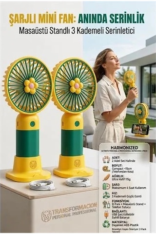 2 Adet Şarjlı Mini El Fanı Taşınabilir Masaüstü Vantilatör Max 4 Saat 723211