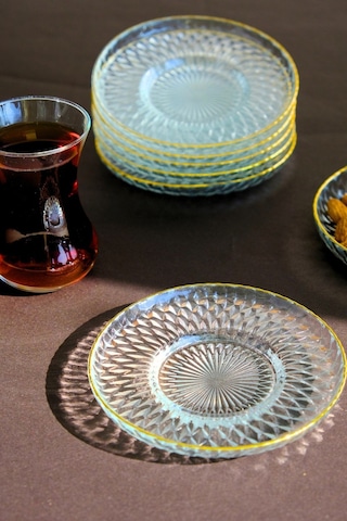 Tabak Evi Altın Yaldız Cam Çay Tabağı 12cm 6 Lı 2494 Şeffaf