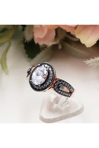 Büyük Oval Sallantılı Etrafı Taşlı Tek Taş Set Rose Gold - Gümüş