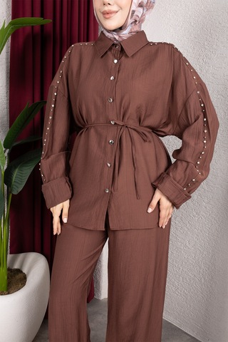 Hira Life Fashion Kadın Kolu Taş Detaylı Bel Bağlamalı Salaş Keten Gömlek Pantolon İki 'li Şık Takım Kiremit Kiremit