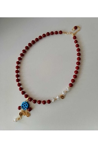 Luna Yeşil Tibet Akiği Lav Taşı Siyah Oniks Süryani Cam Boncuk Detaylı Tasarım Kolye Bordo