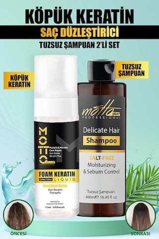Motto Plus Professional Düzleştirici Köpük Keratin Botox Ve Tuzsuz Şampuan 2'li Saç Bakım Seti