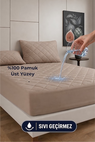 %100 Pamuk Renkli Kapitone Sıvı Geçirmez Alez Çarşaf - Kahverengi