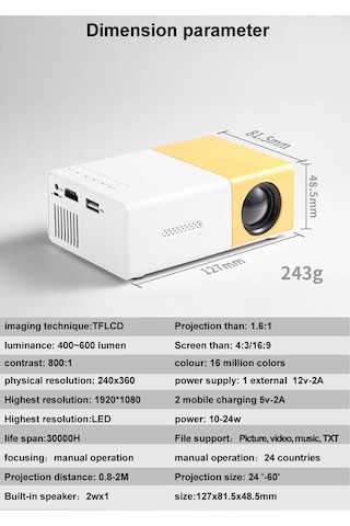 Geeroyoo Küçük Taşınabilir Led Projeksiyon Cihazı - Ev Ve Dış Mekan İçin 400-600 Lümens, 60 İnç Ekran, Manuel Odaklama, Siyah-beyaz Avrupa Standartı