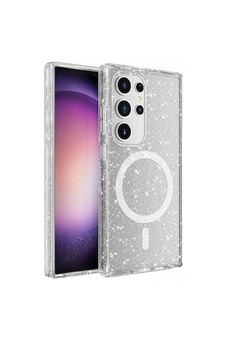 Galaxy Uyumlu S24 Ultra Kılıf Magsafe Şarj Özellikli Parlayan Simli Saydam Renkli Uzrm Allstar Kapak - Pemb Pembe