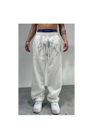 Zaee Taşlı Baggy Eşofman Kışlık Kumaş Beyaz