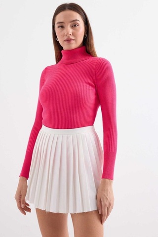 Onno Style Women Fitilli Balıkcı Yaka Basic Kazak Fuşya