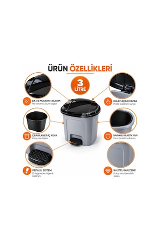 Lexroo 3 Litre Plastik Pedallı Çöp Kovası İç Hazneli İç Kovalı Kapaklı Çöp Kutusu Çok Renkli