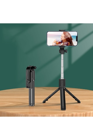 Siyah Renk Işıklı Bluetooth Kumandalı Dikey Ve Yatay Çekim Tripodlu Selfie Çubuğu Öz Çekim Tripodu