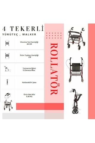 Medkimsan Rolatör | 4 Tekerli Yürüteç | 130 kg Taşıma Kapasiteli | Sepetli Lüx