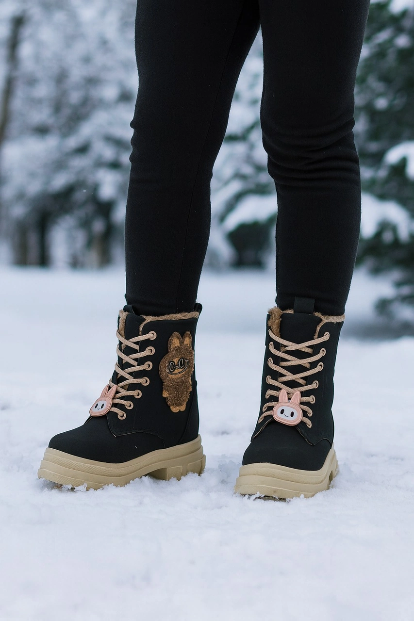 Kız Çocuk Figür Detaylı Fermuarlı Bot Siyah - Sarı