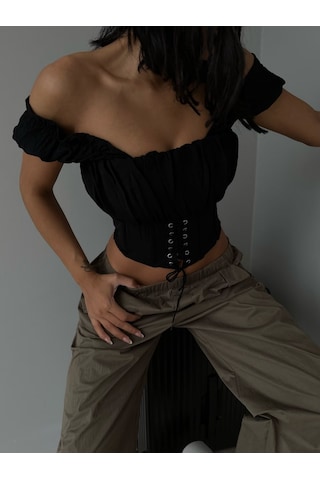 Herton Kadın Düşük Omuz Drapeli Bustiyer Bağcıklı Korse Görünümlü Şık Crop Top Çok Renkli