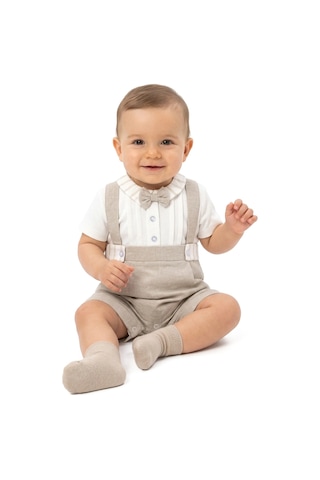 Bebegen Erkek Bebek Beyaz Bej Askılı Papyonlu Çizgili Detaylı Tulum