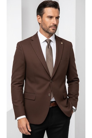 Plus Scorpion Erkek Slim Fit Çift Düğme Çift Yırtmaçlı Blazer Ceket Premium Dokulu Kumaş Kahverengi