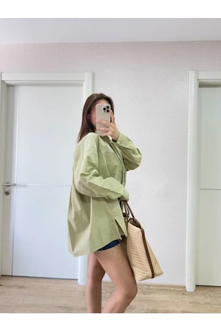 DefyModa Oversize Pens Detaylı Cepli Yırtmaçlı Rahat Kalıp Poplin Gömlek - Yeşil