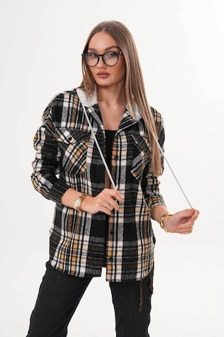 Polologin Butik Kadın Siyah Beyaz Sarı Çizgili Kapşonlu Gömlek Siyah