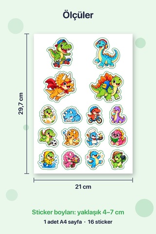 Dinozorlar İş Başında 16 Adet Dinozor Sticker Çıkartma A4 Ajanda Etiketi Çok Renkli