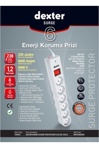 Dexter TSK5011 238J 6'lı Akım Korumalı Priz Beyaz