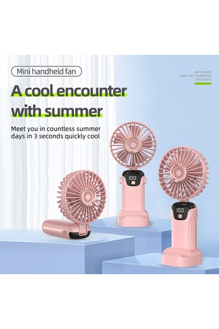 Hangfox Mavi Elden Taşınabilir Katlanabilir Fan - 5 Seviye Rüzgar, Led Ekran, Pil Göstergesi, Telefon Tutucu, Düşük Gürültü