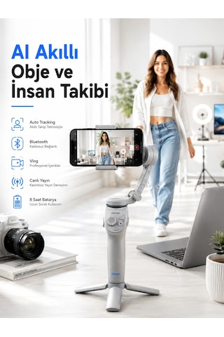 Yapay Zeka Takipli Telefon Gimbali Katlanabilir Tripod Bluetooth Kontrollü Dahili Led Işıklı Diğer