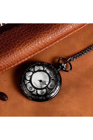 Valkyrie  Vintage Retro Roma Rakamlı İşlemeli Cep Köstekli Saat Siyah
