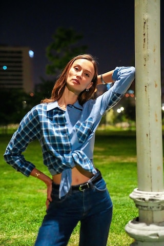 Kadın Ekoseli Düşük Omuzlu Gömlek Frn1114 Mavi