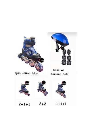 Işıklı Çocuk Pateni Ayarlanılabilir Silikon Tekerli Frenli Metal Gövdeli Paten Ve Kask Dizlik Set Mavi