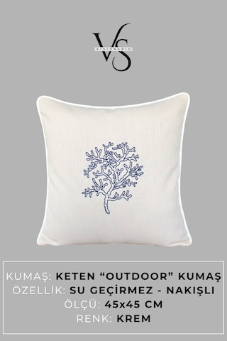 Kırlent Kılıfı 45x45 3'lü Set Marin Nakışlı Yosun Desen Su İtici Outdoor Keten Tekne Bahçe Krem