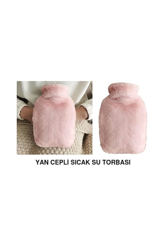 Sıcak Su Torbası Yan Cepli Pembe Peluş Termofor 27x17x2cm 1 Litre Pembe