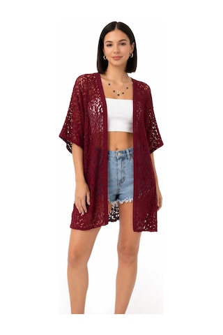 Trend Alisse Kadın Dantel Görünümlü File Kimono Pareo Hırka Bordo
