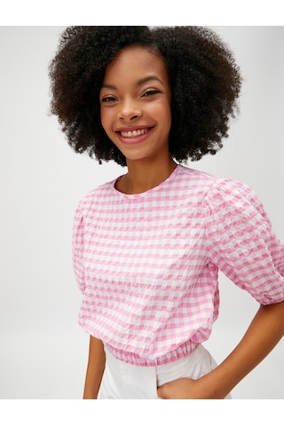 Koton Crop Bluz Balon Kollu Bisiklet Yaka Beli Lastikli Pembe Ekose 3sal60056ıw Pembe Ekoseli Pembe