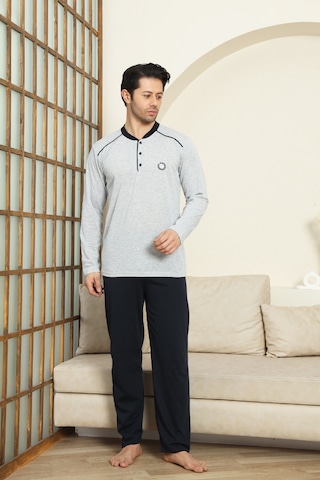 Enisena Erkek %100 Pamuklu Pijama Takımı-3 Düğmeli-12440 Gri