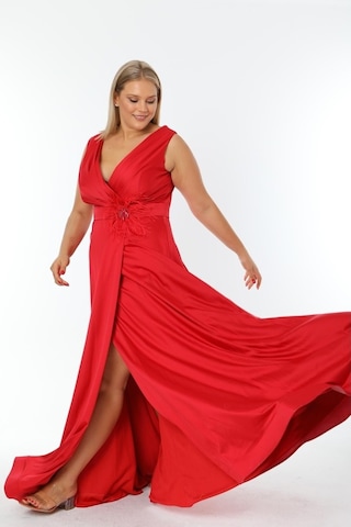Ladies First Büyük Beden 3434 Kırmızı Uzun Abiye Elbise