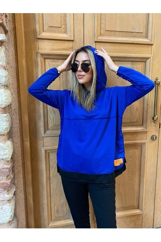 Modaserdem Kadın Kapşonlu Etek Ucu Detay Armalı Ters Dikiş Gorunumlu Ikili Takım Mavi