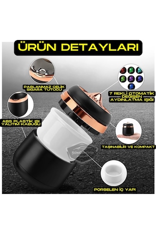 Üniversal 7 Renkli Işıklı Porselen Yanmaz Koku Geçirmez Lüx Oto Küllük Dumansız Kapaklı Spor Araç İçi Küllük Araba Küllüğü Gold 00 Şüscaroto Aksesuar