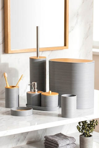 Porsima 4532 8 Parça Banyo Seti - Bambu Kapaklı Çöp Kovası, Sabunluk, Diş Fırçalığı Ve Wc Fırçası Gri Grı