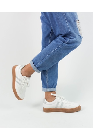 Gdt Ayakkabı Beyaz Renk Bağcıklı Düz Taban Kadın Sneakers